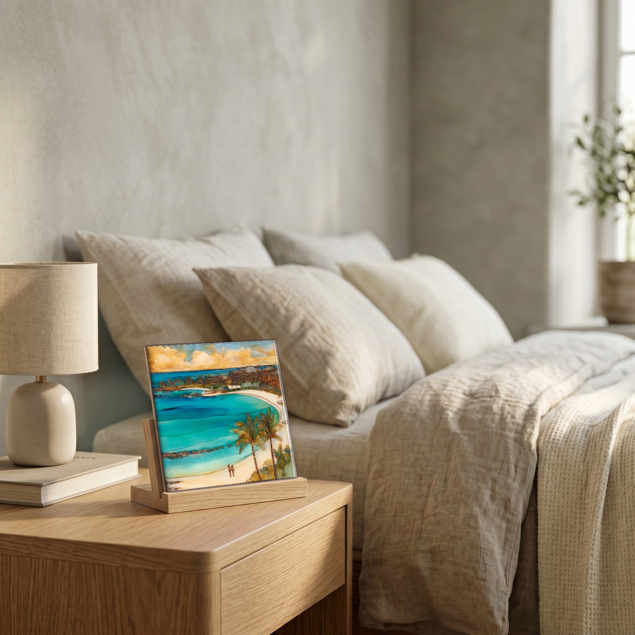 On the nightstand, on a light oak stand.