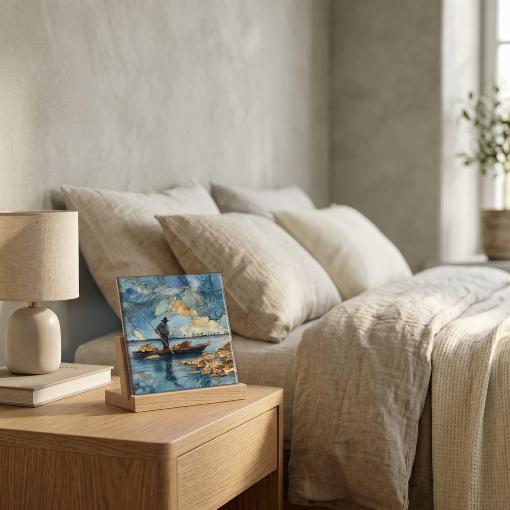 On the nightstand, catching the morning.