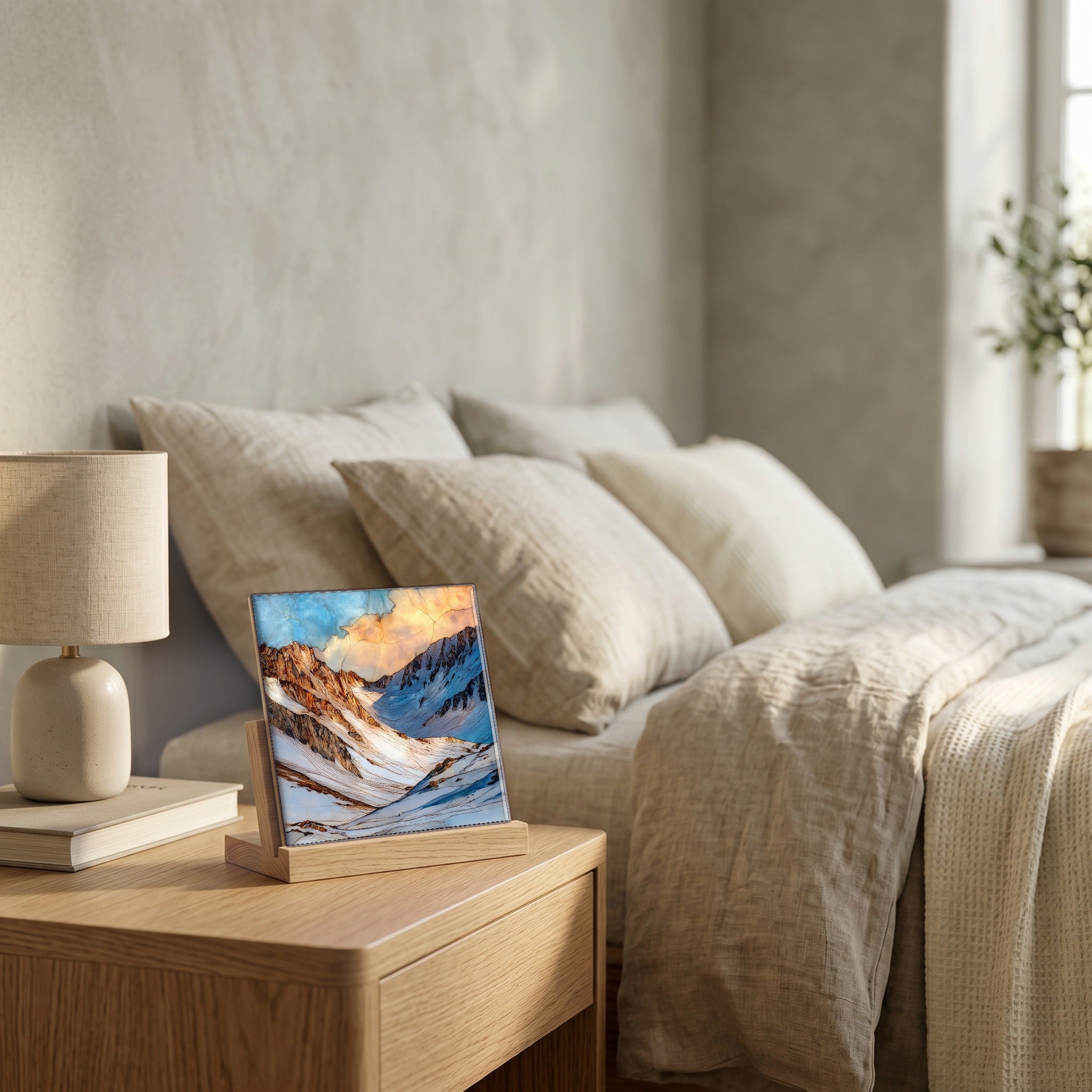 On the nightstand, on a light oak stand.