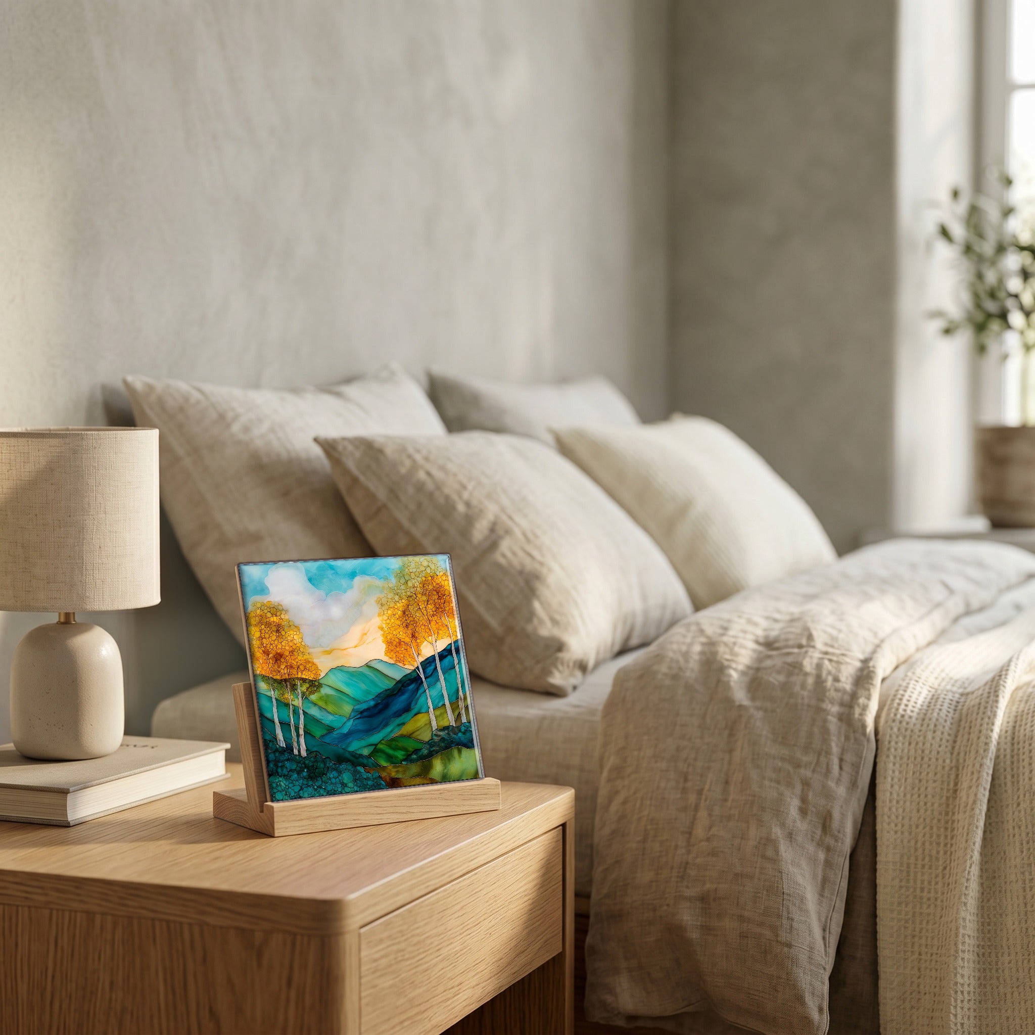 On the nightstand, catching the morning.