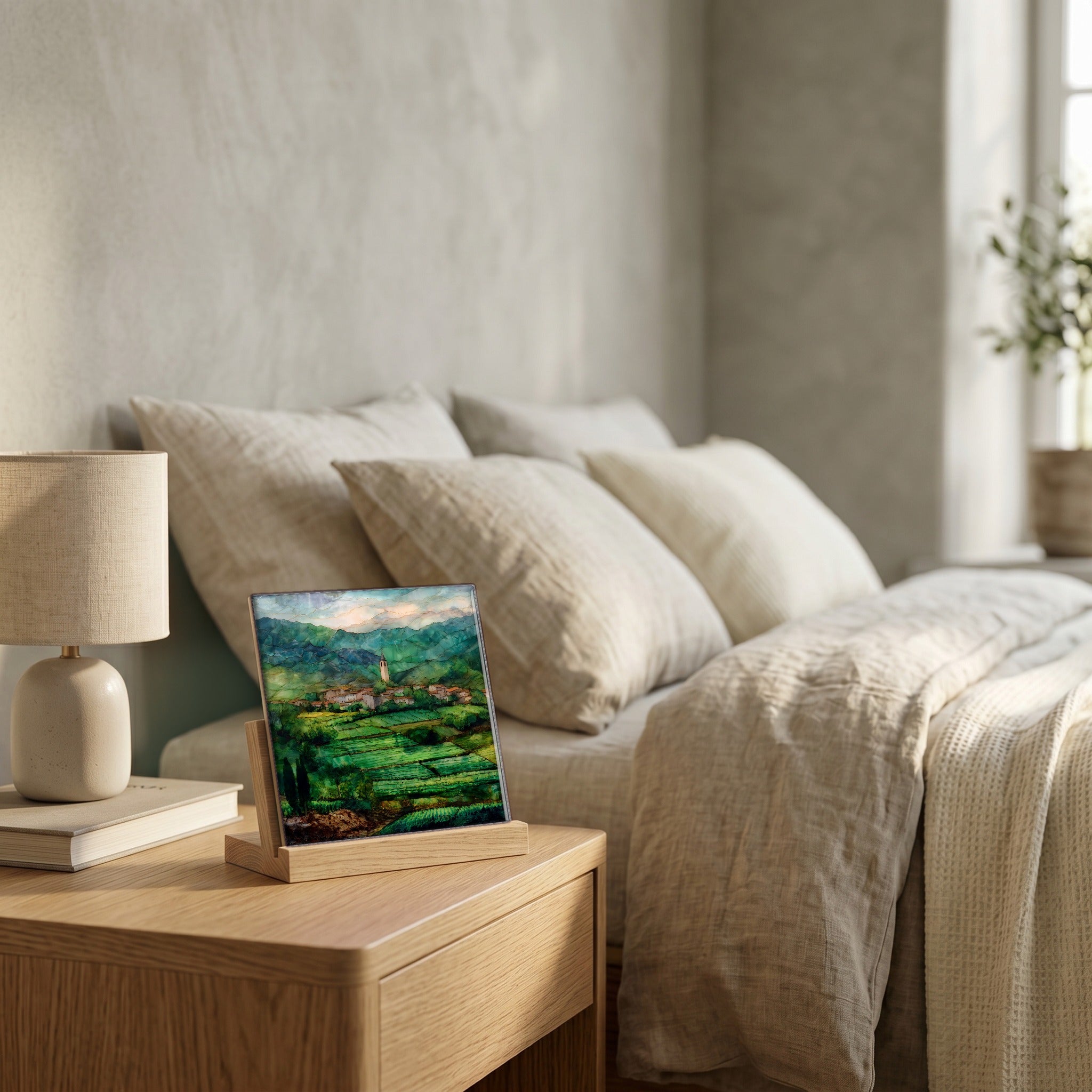 On the nightstand, catching the morning.
