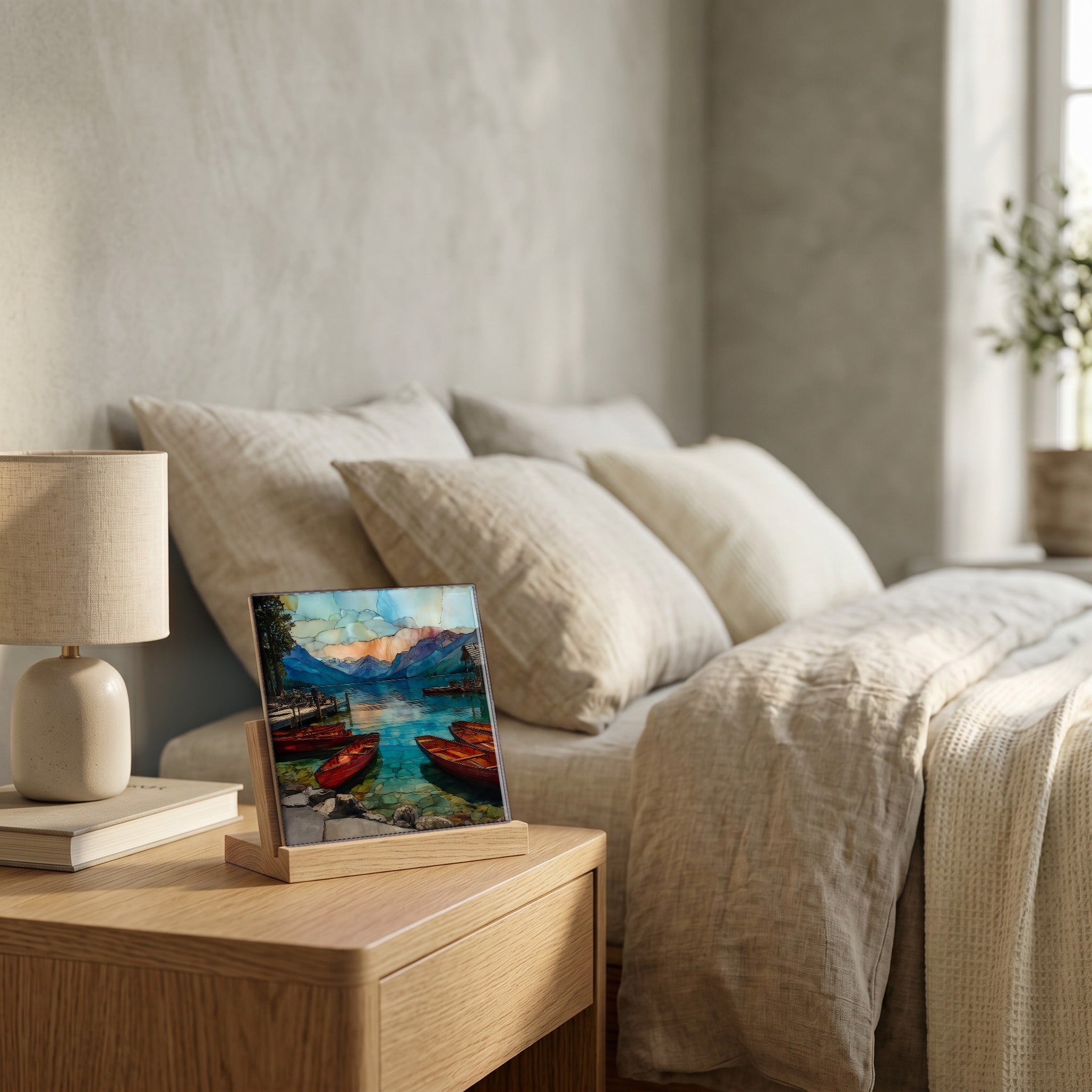On the nightstand, catching the morning.