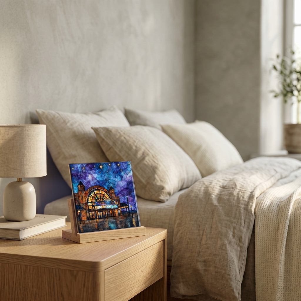 On the nightstand, catching the morning.