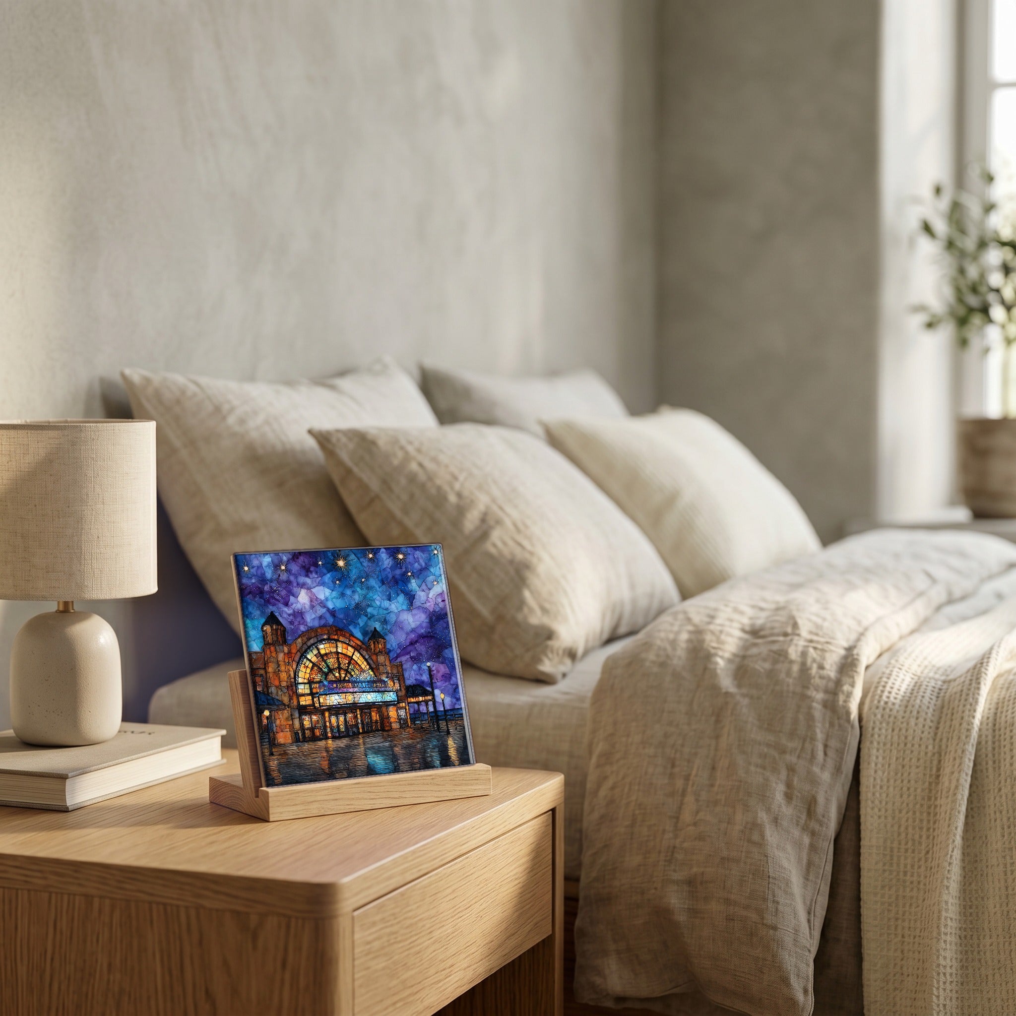 On the nightstand, catching the morning.