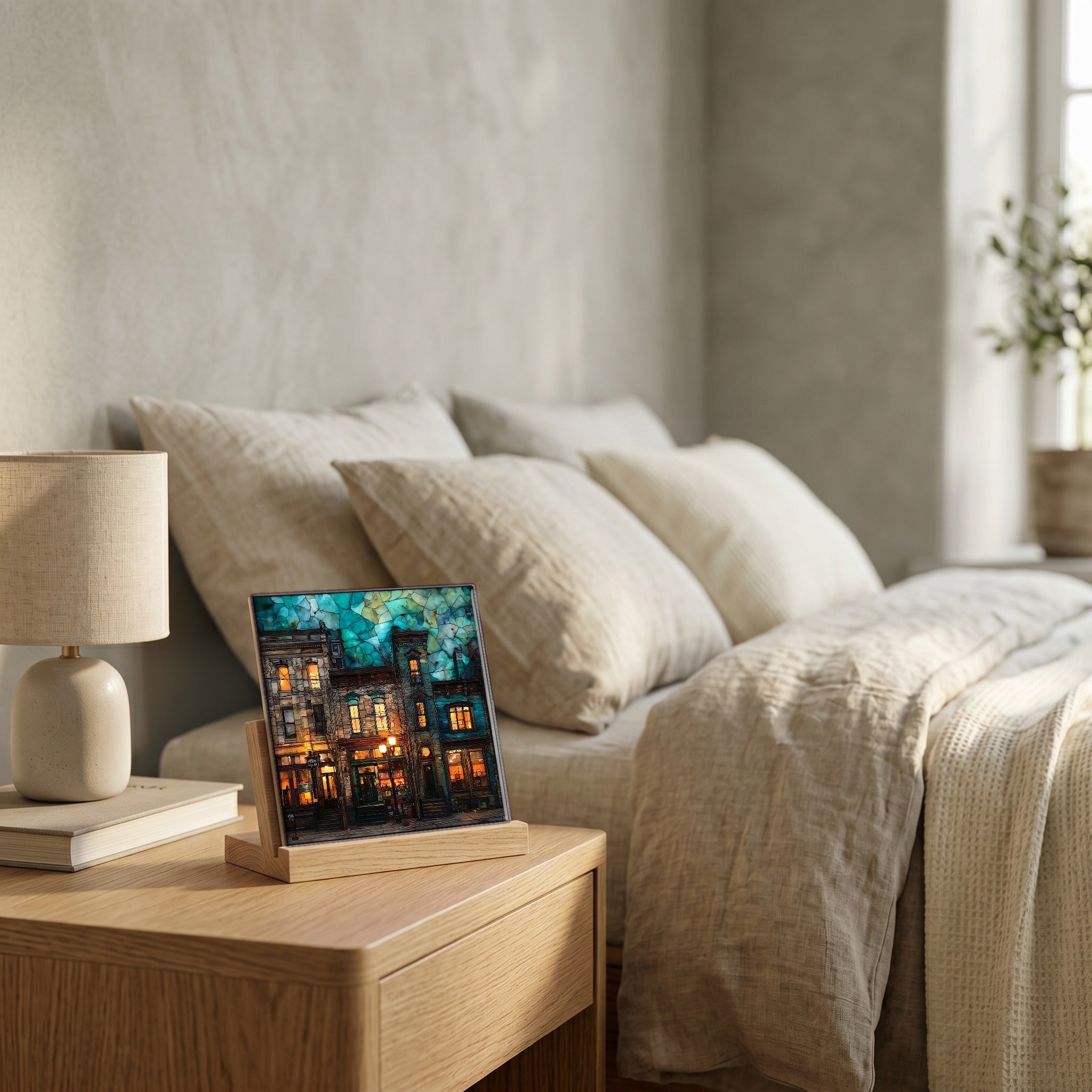 On the nightstand, catching the morning.