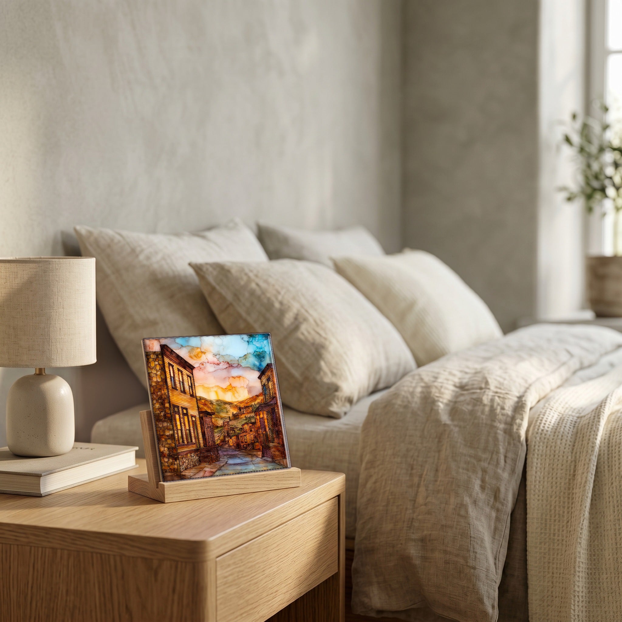 On the nightstand, catching the morning.