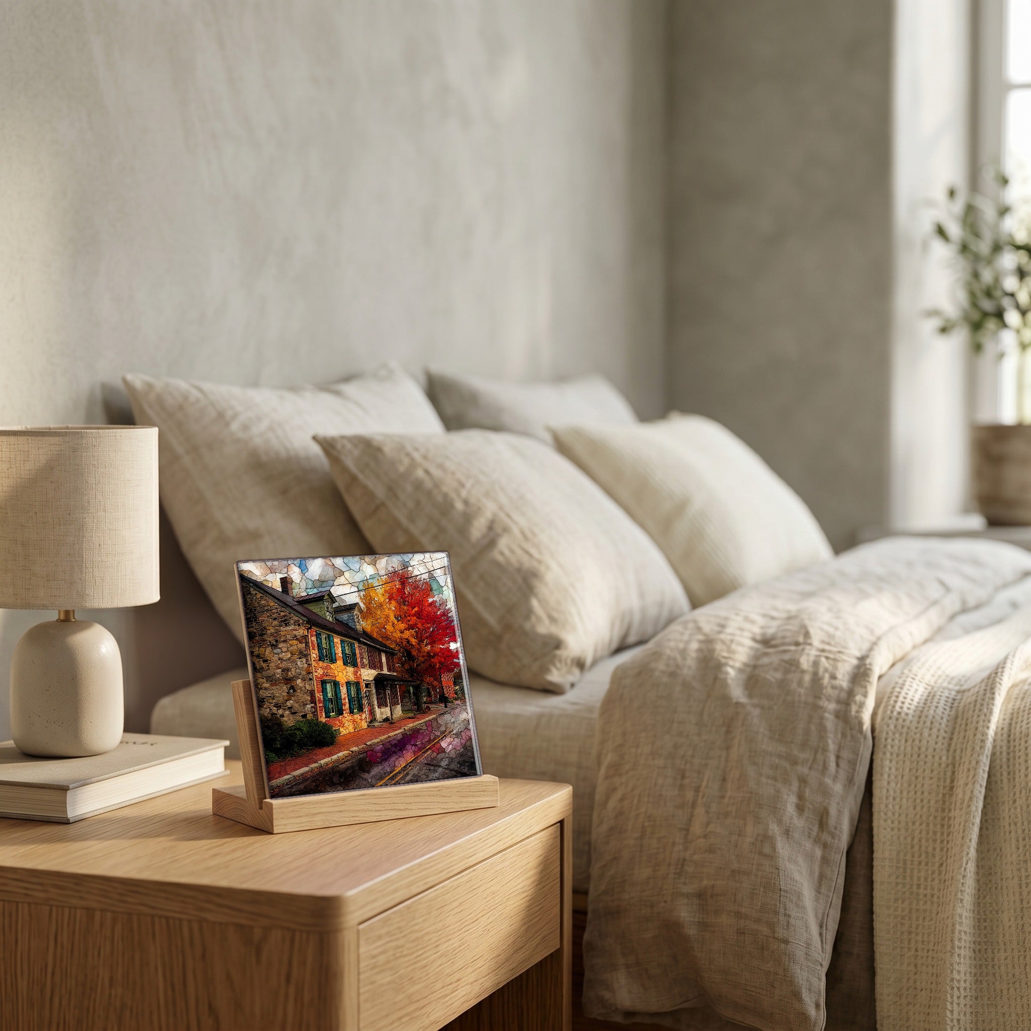 On the nightstand, catching the morning.