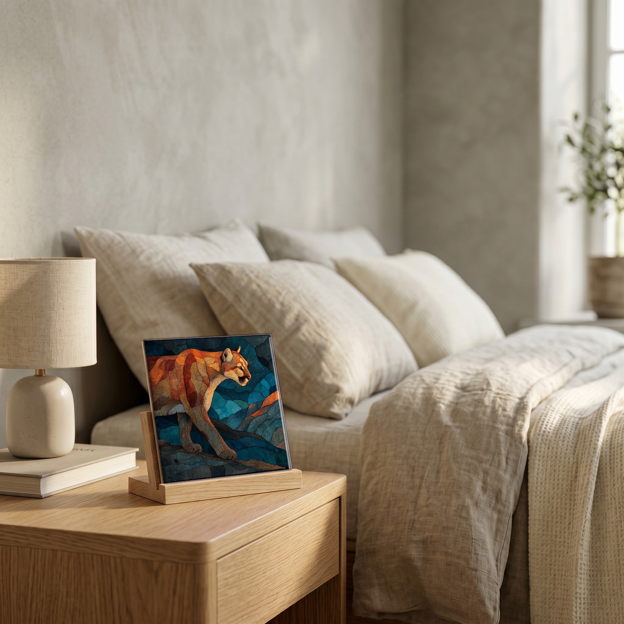 On the nightstand, catching the morning.