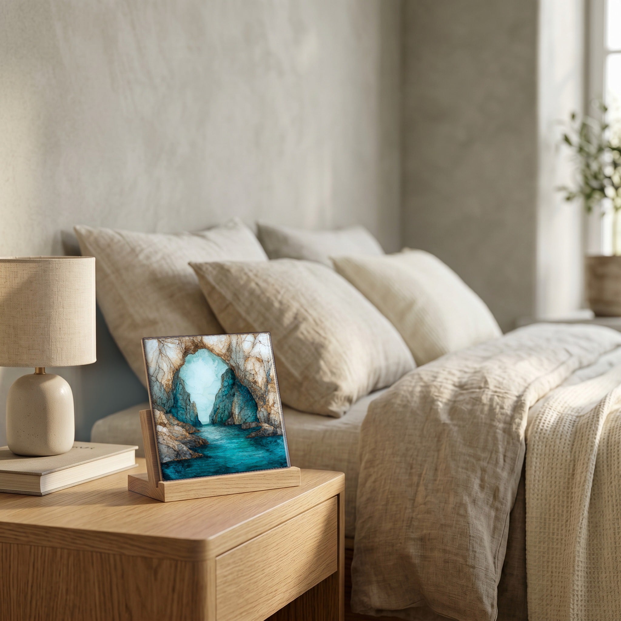 On the nightstand, catching the morning.