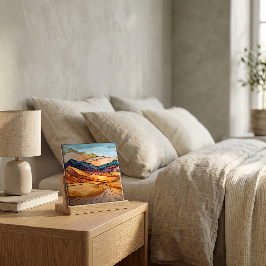On the nightstand, on a light oak stand.