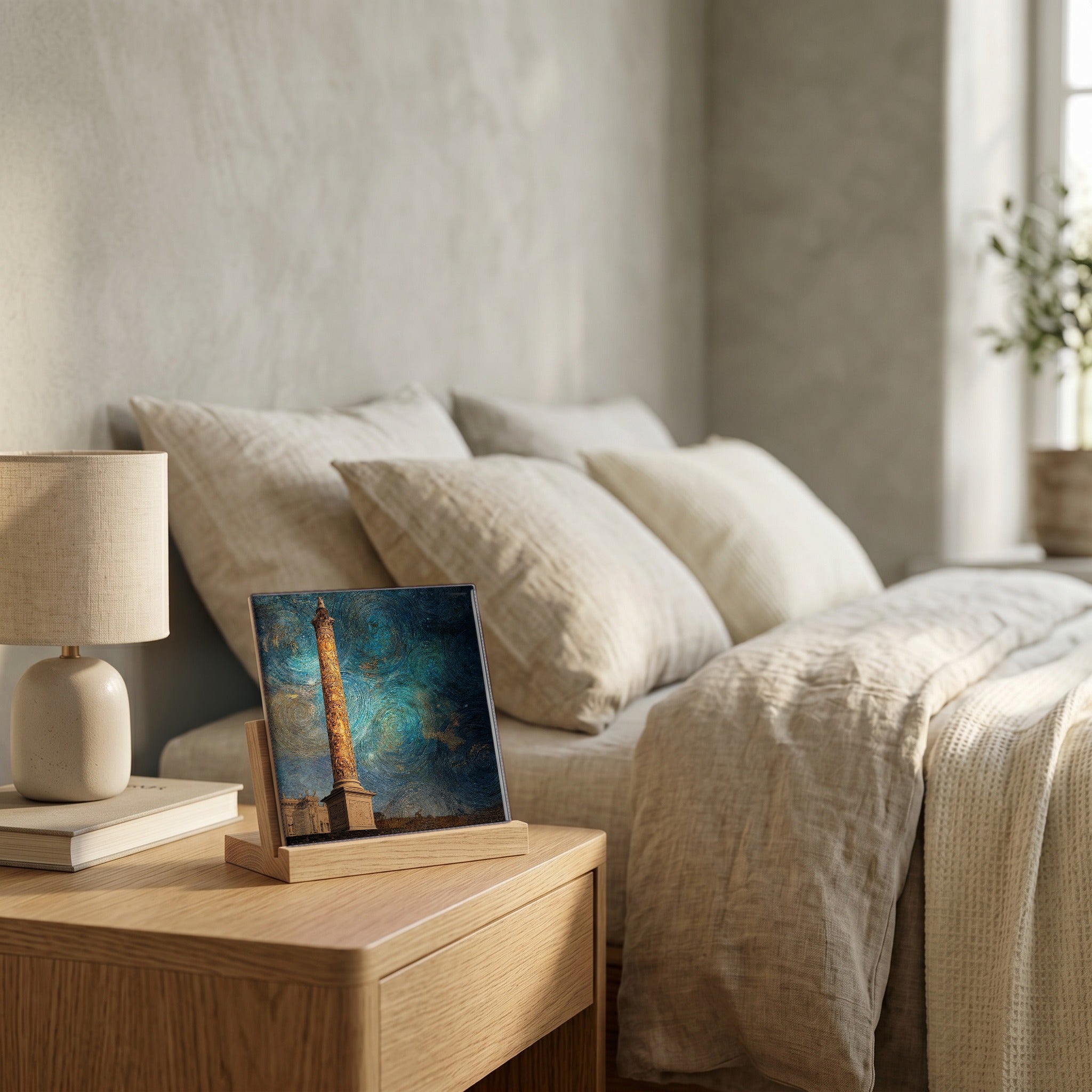 On the nightstand, on a light oak stand.