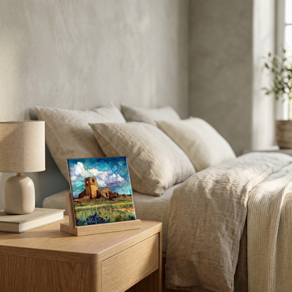 On the nightstand, catching the morning.