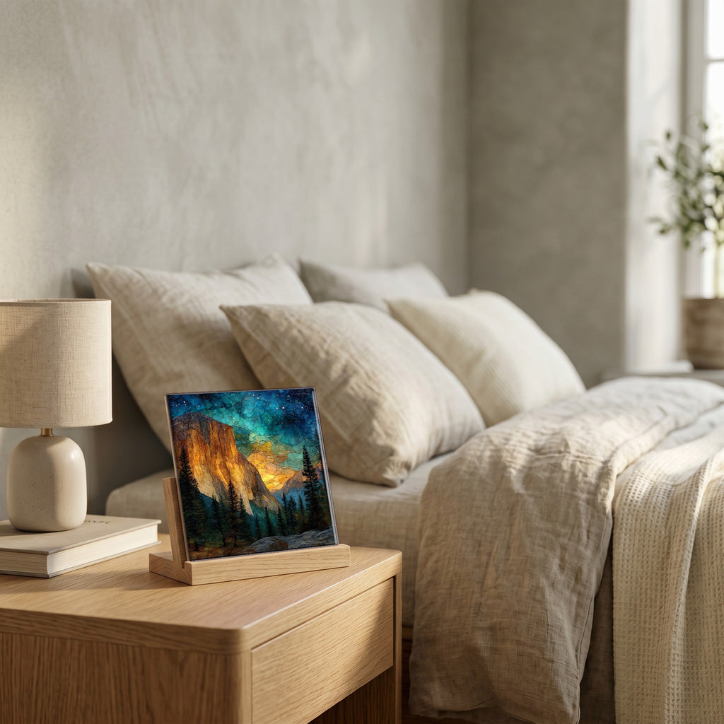 On the nightstand, catching the morning.