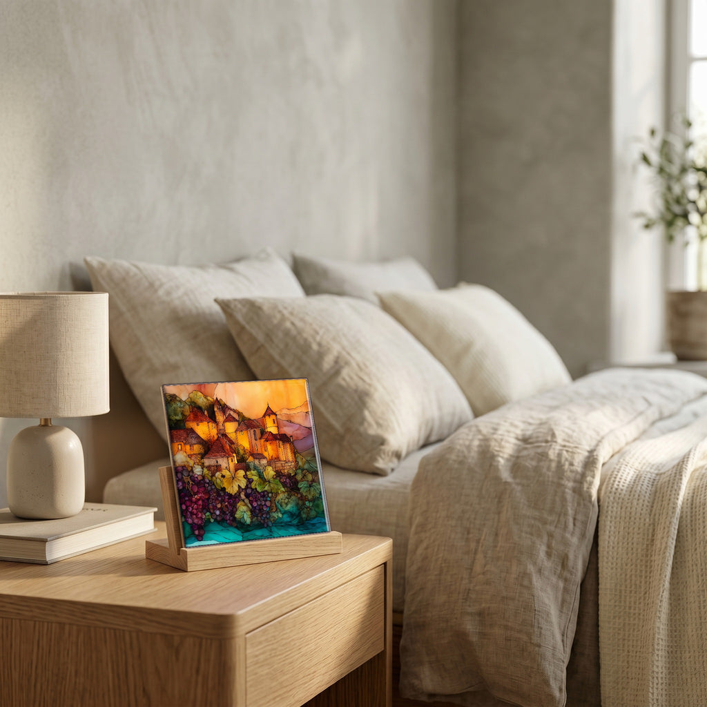 On the nightstand, on a light oak stand.