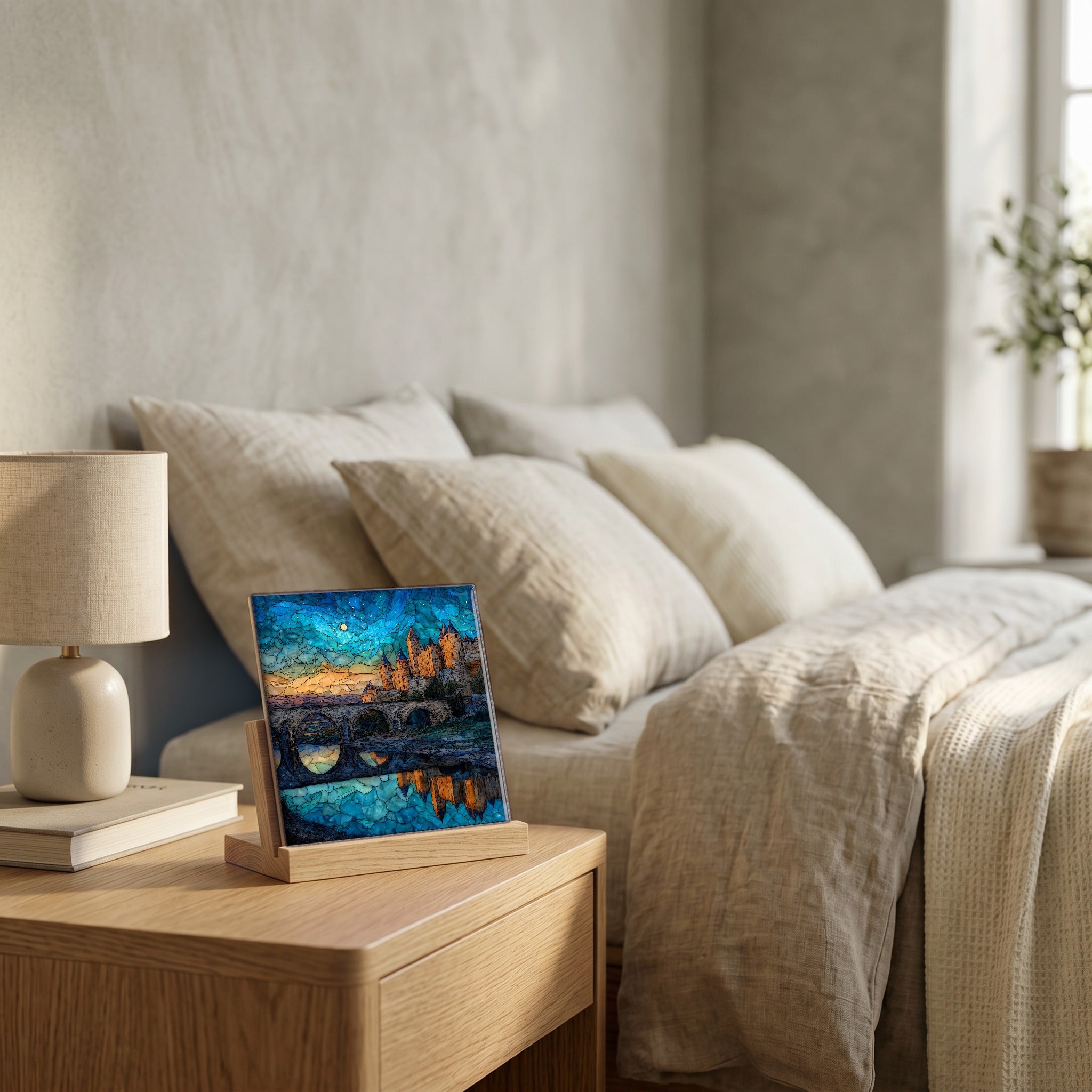 On the nightstand, on a light oak stand.