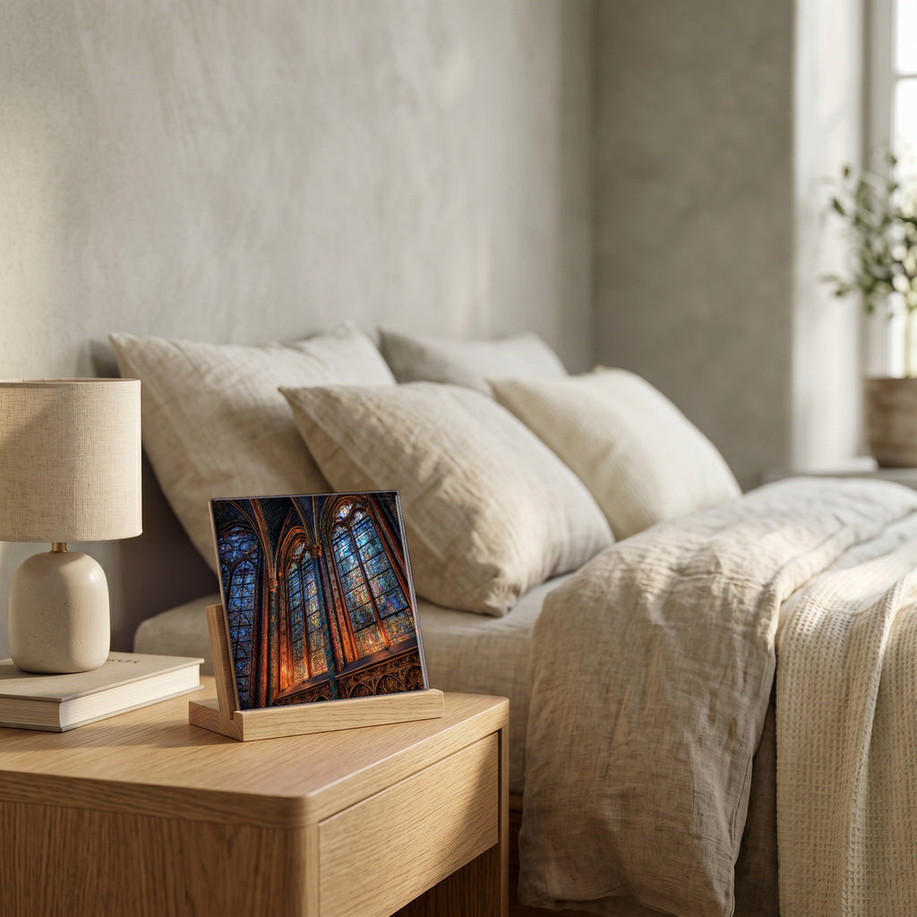 On the nightstand, on a light oak stand.