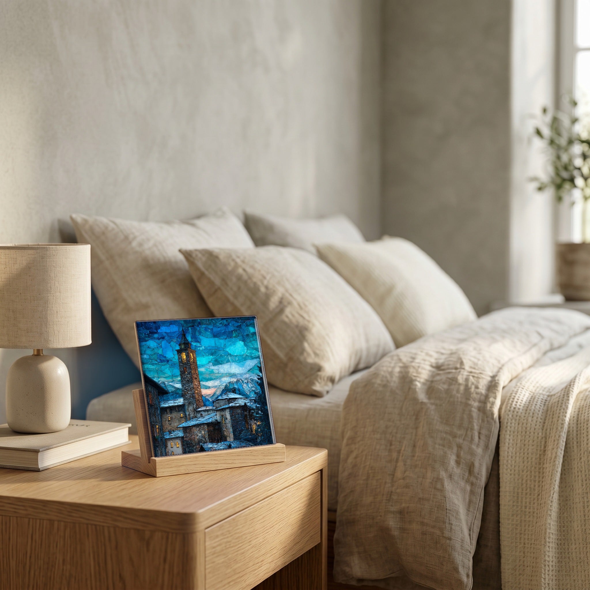 On the nightstand, on a light oak stand.
