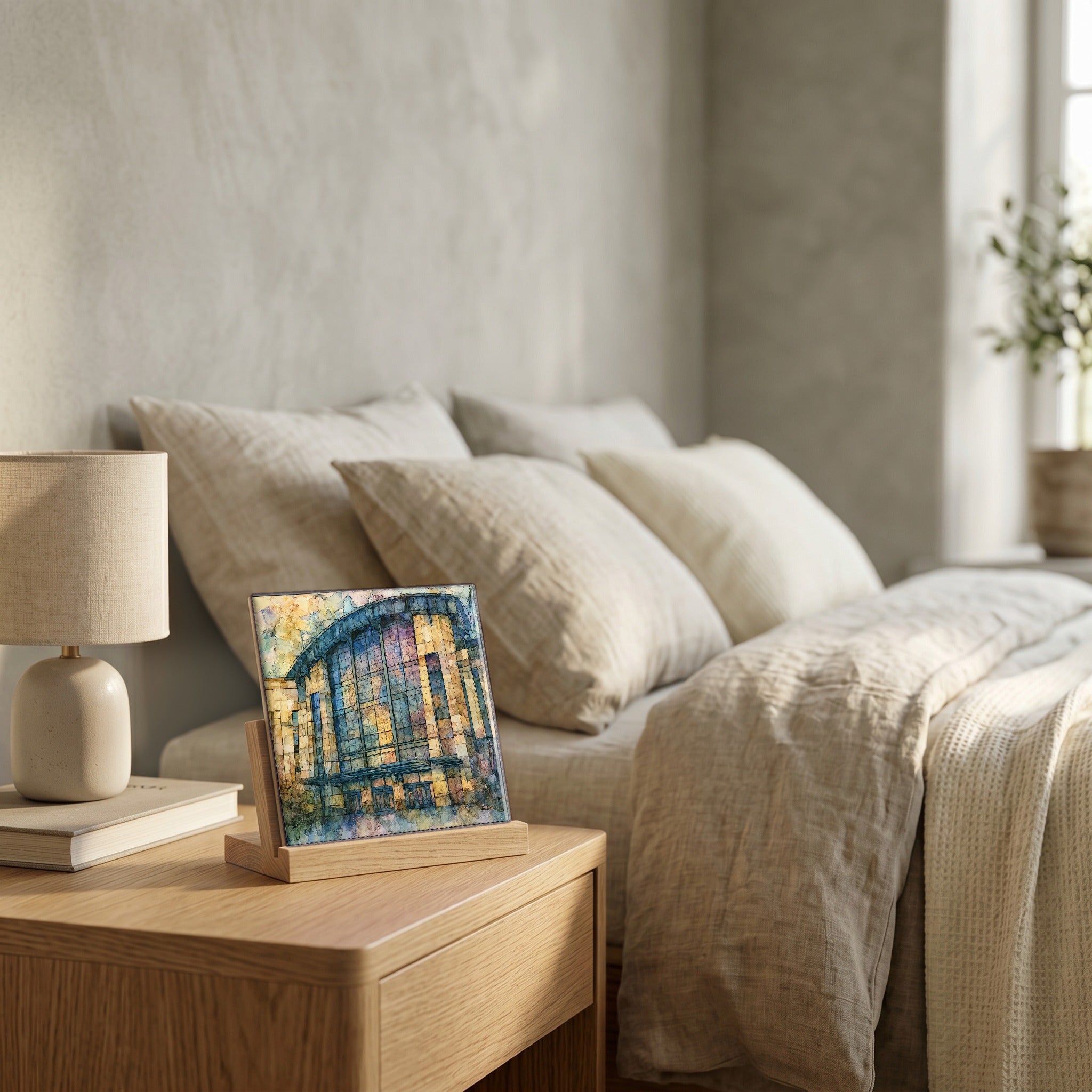 On the nightstand, catching the morning.