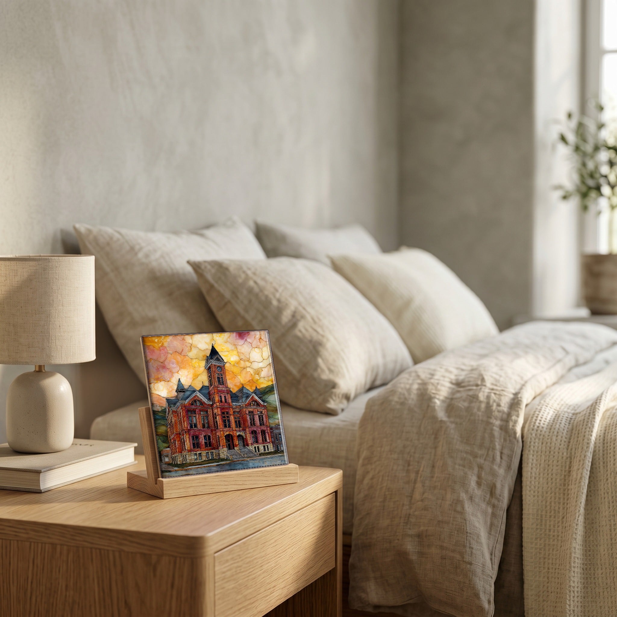 On the nightstand, on a light oak stand.