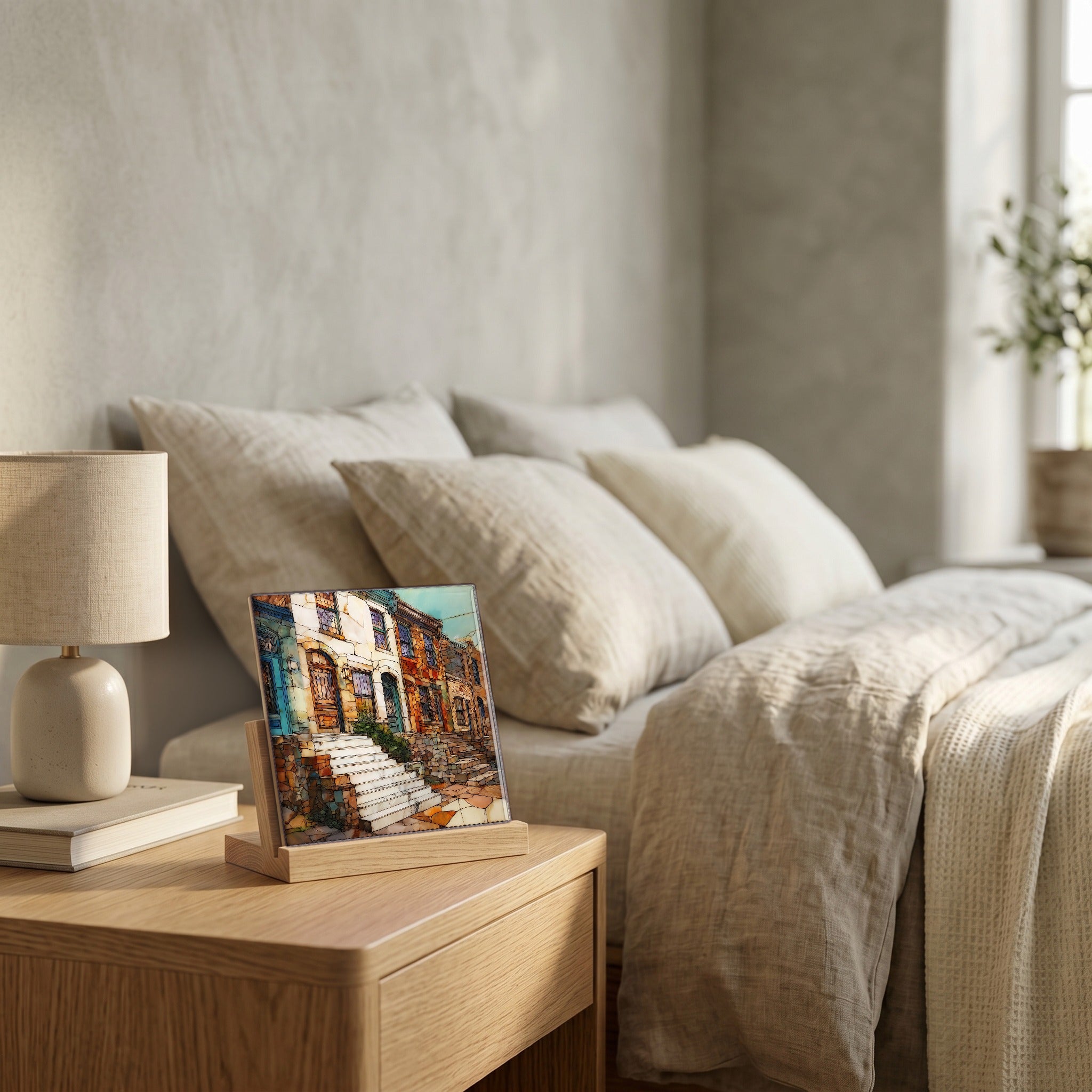 On the nightstand, catching the morning.