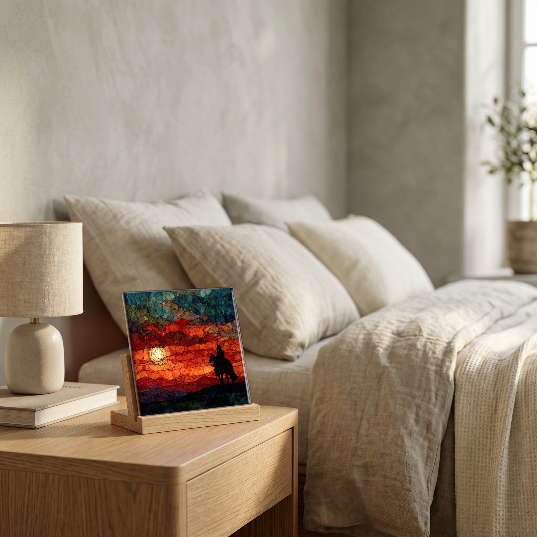On the nightstand, catching the morning.