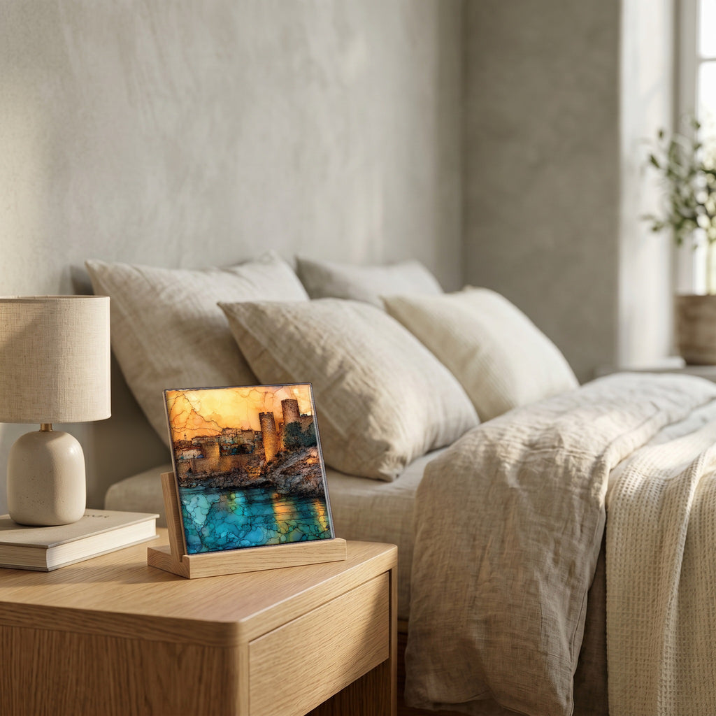 On the nightstand, on a light oak stand.