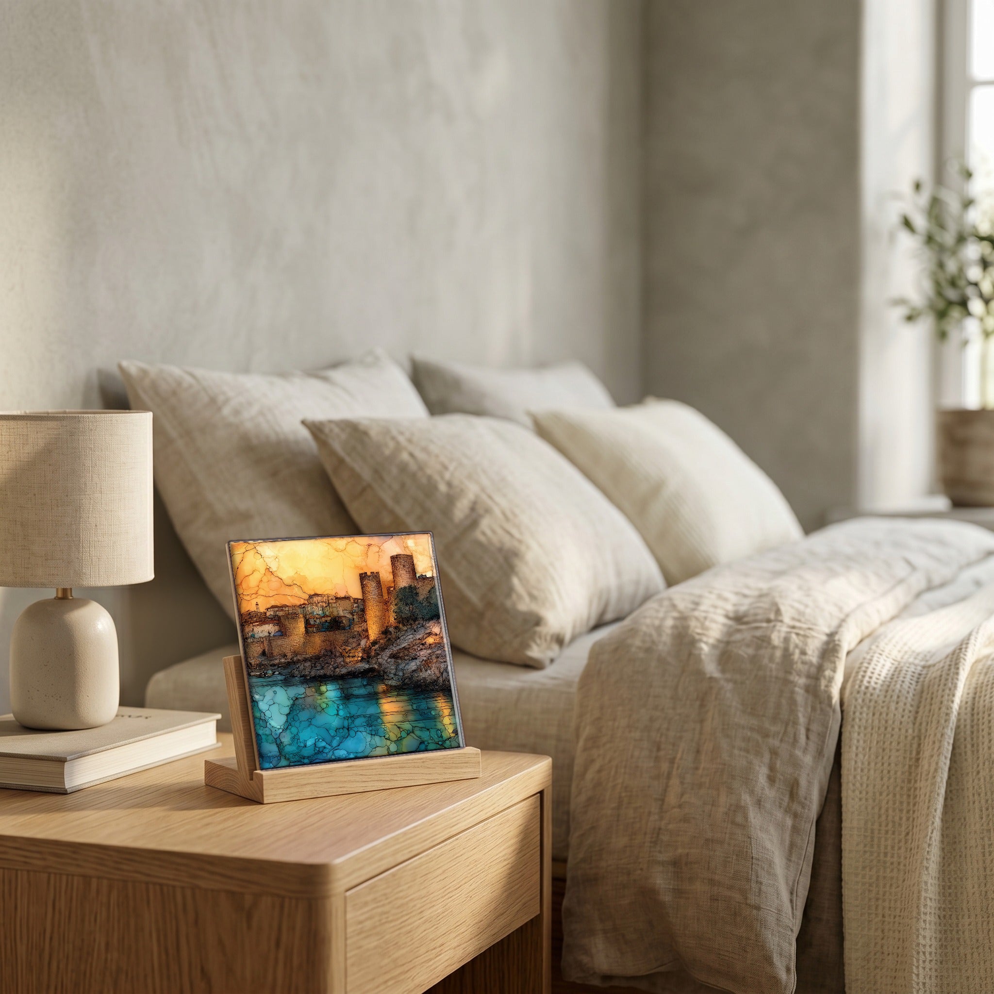 On the nightstand, on a light oak stand.