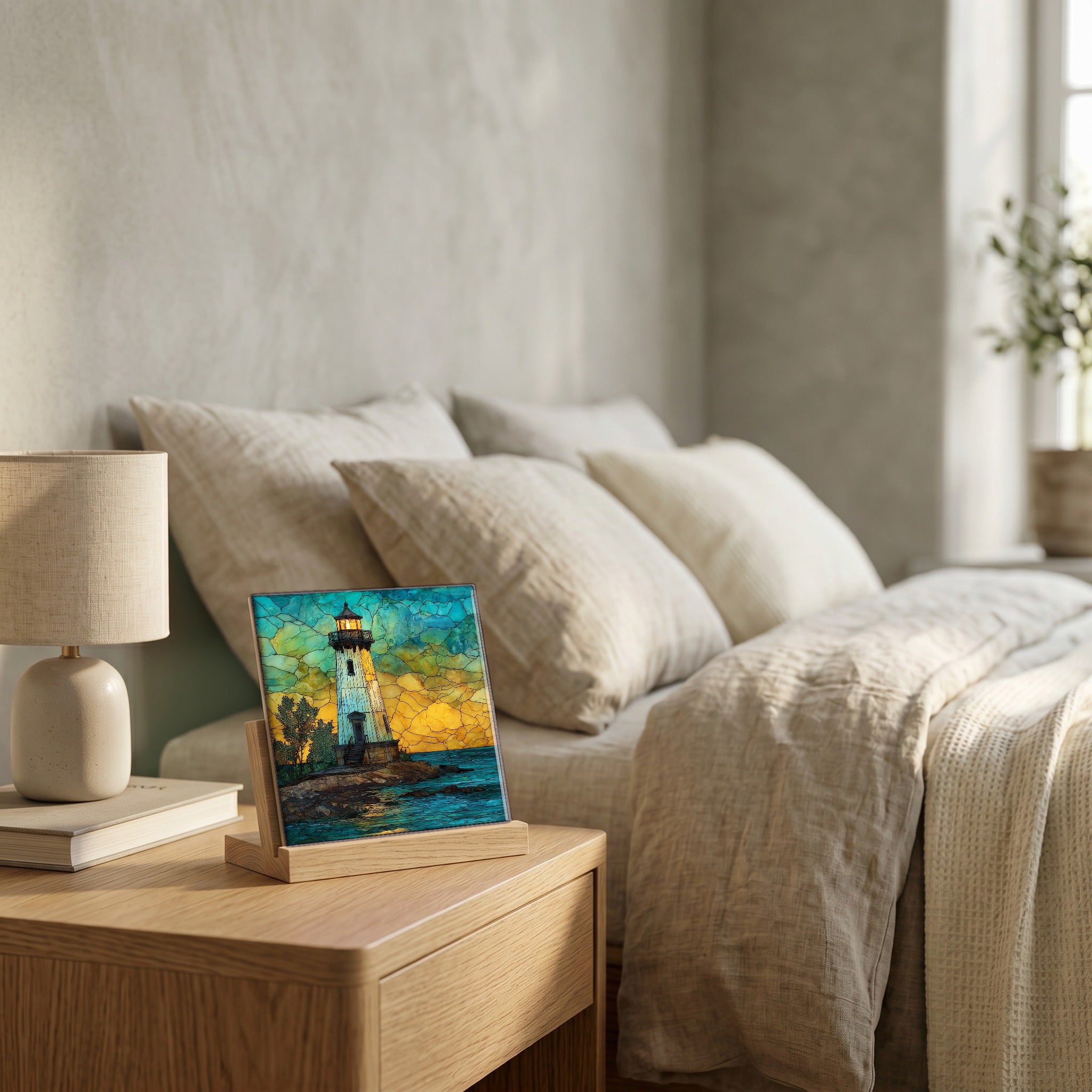 On the nightstand, catching the morning.