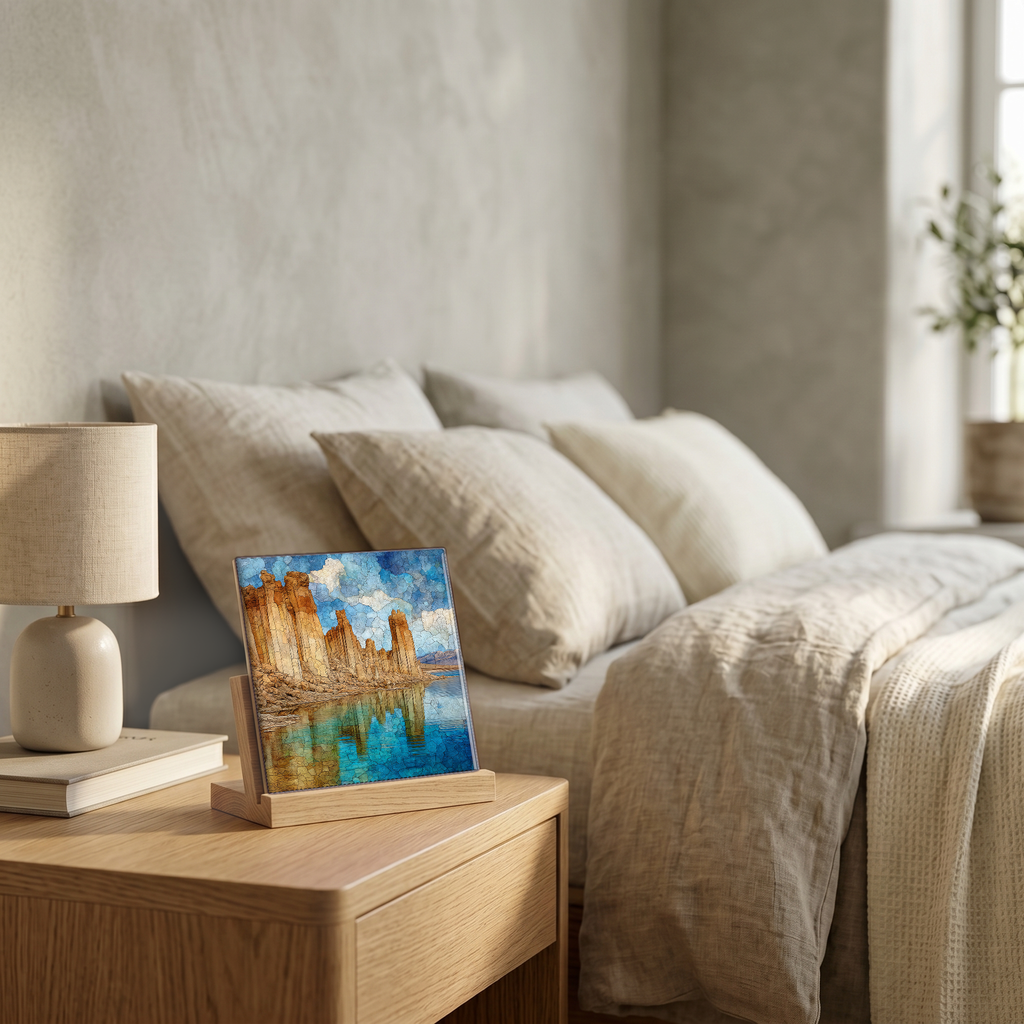 On the nightstand, on a light oak stand.