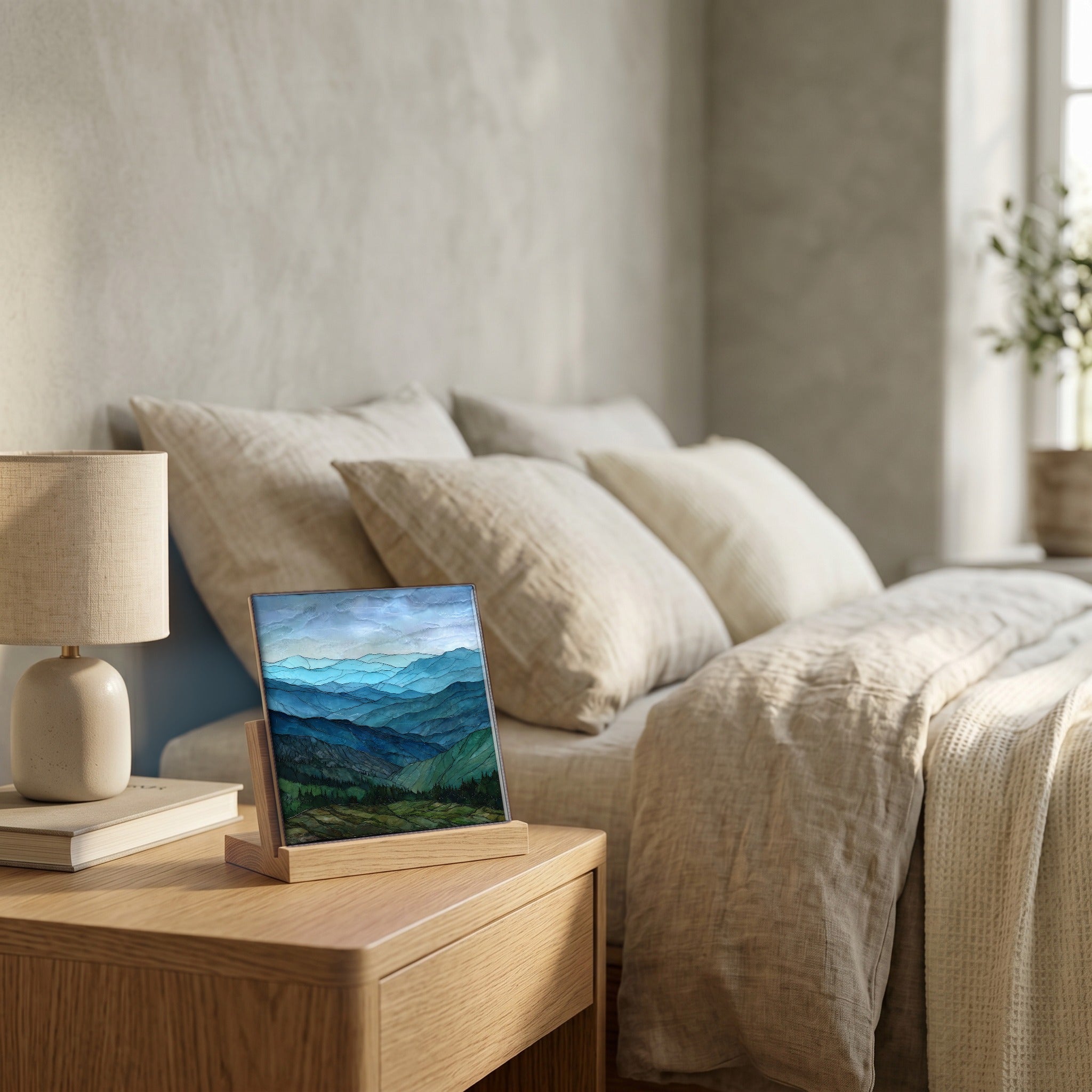 On the nightstand, catching the morning.