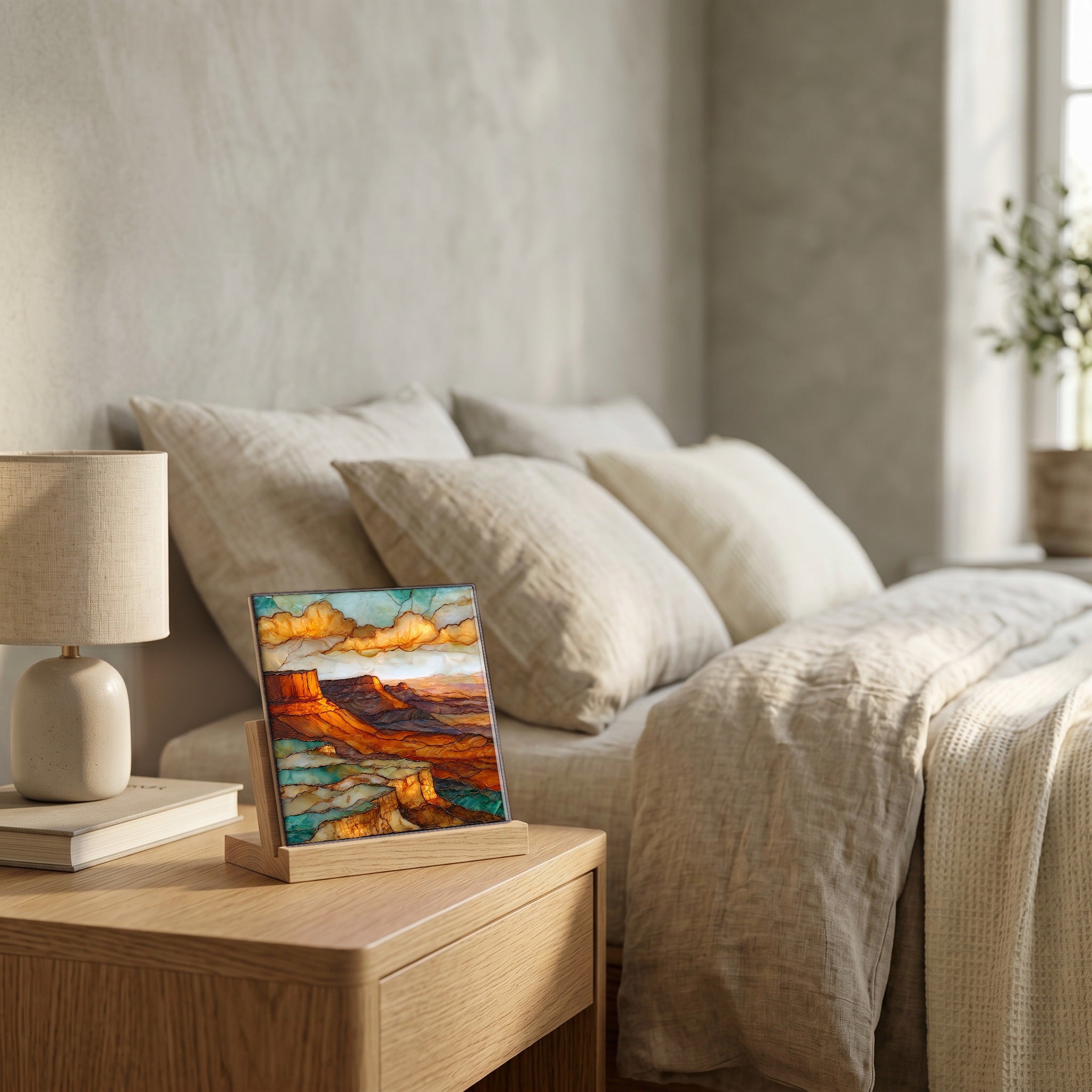 On the nightstand, catching the morning.
