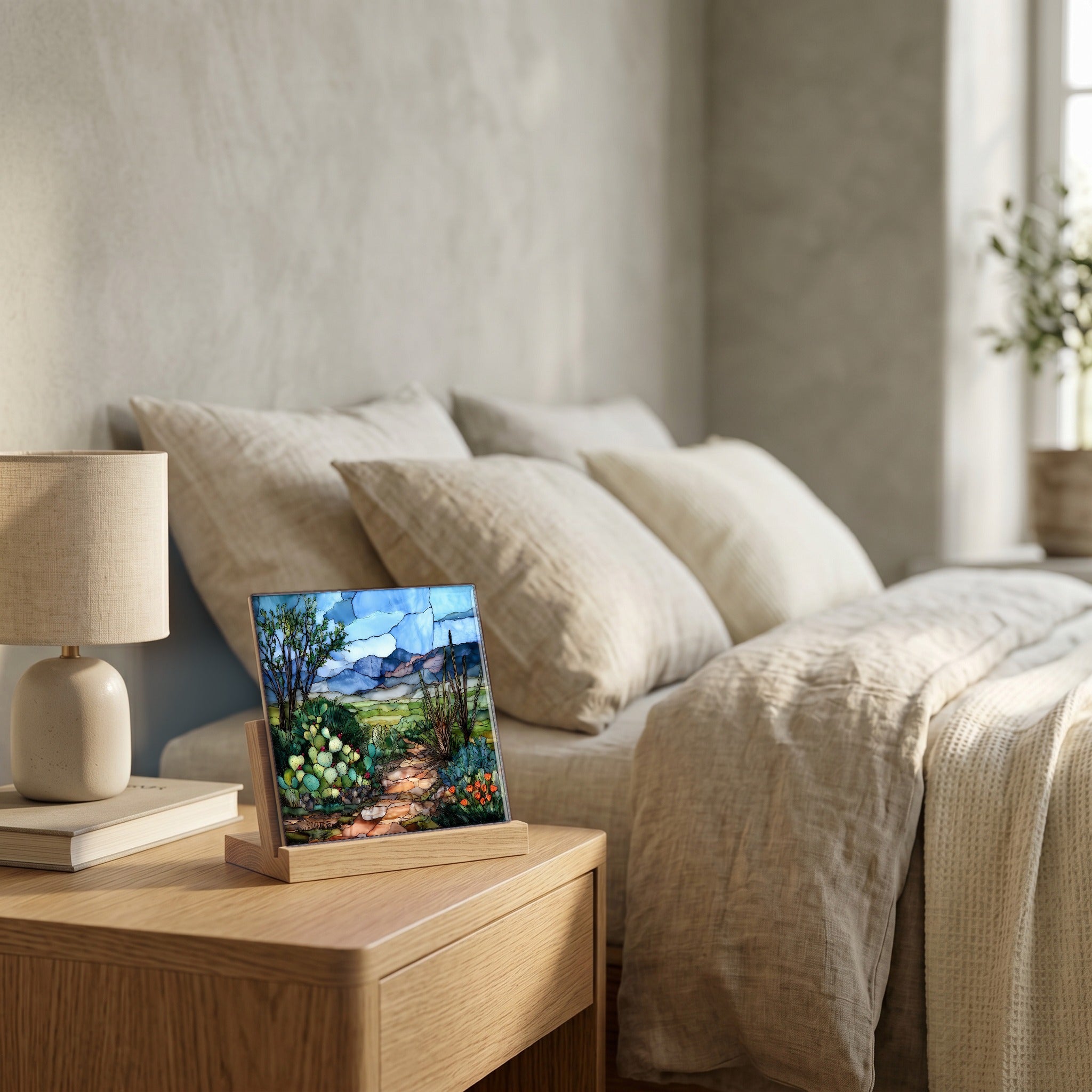 On the nightstand, catching the morning.