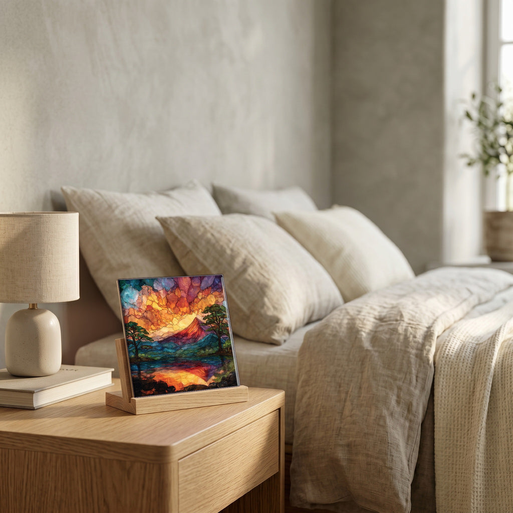 On the nightstand, catching the morning.
