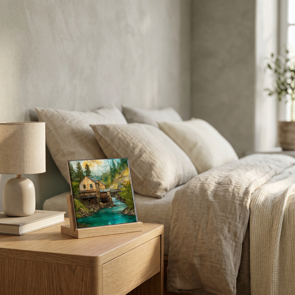 On the nightstand, on a light oak stand.