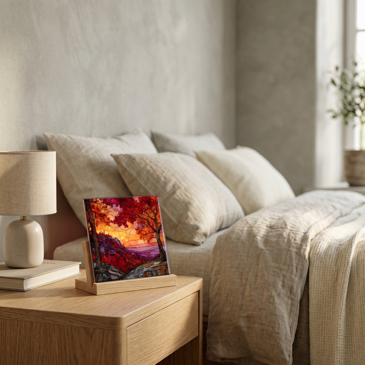 On the nightstand, catching the morning.