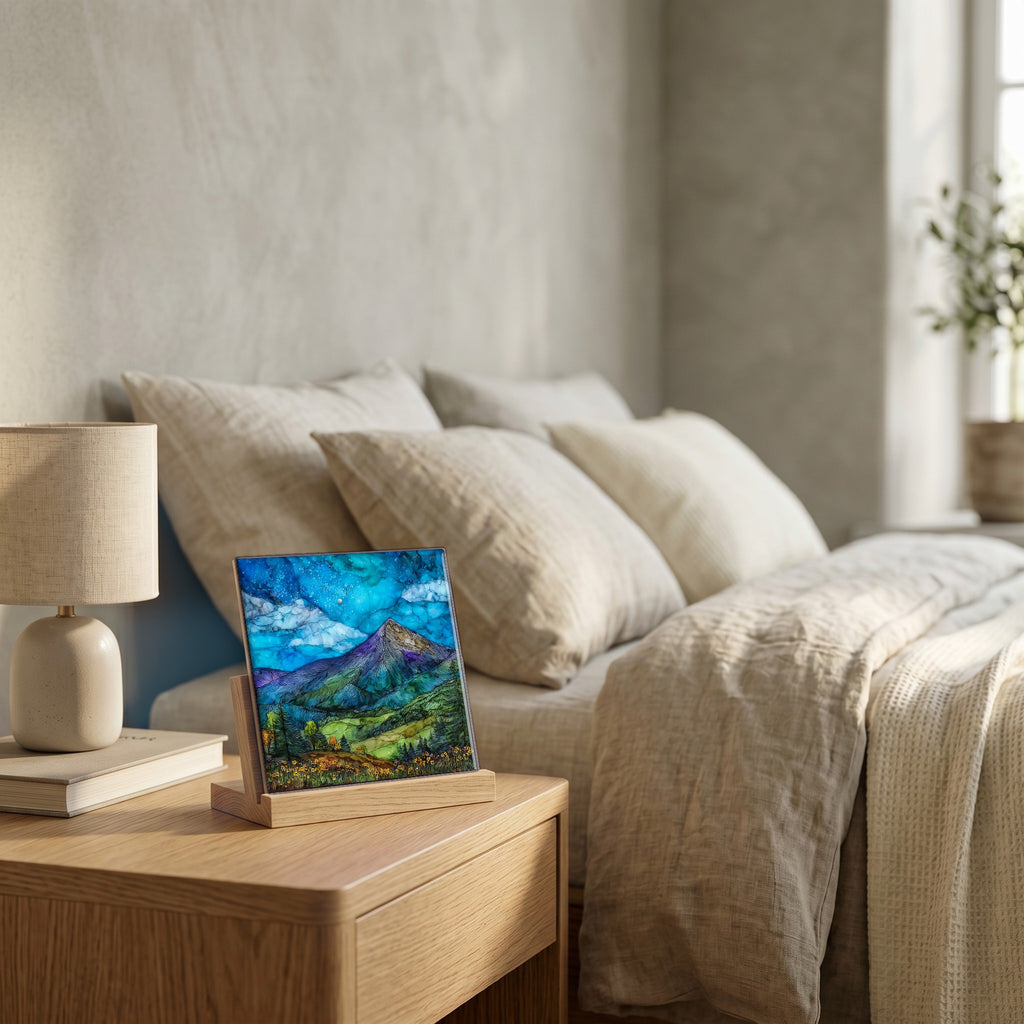 On the nightstand, catching the morning.