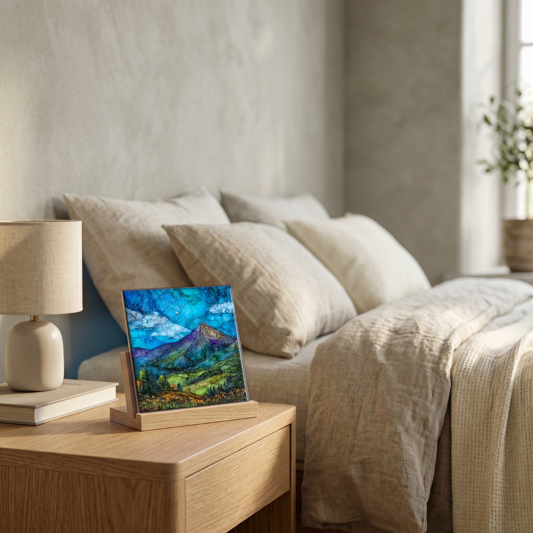 On the nightstand, catching the morning.