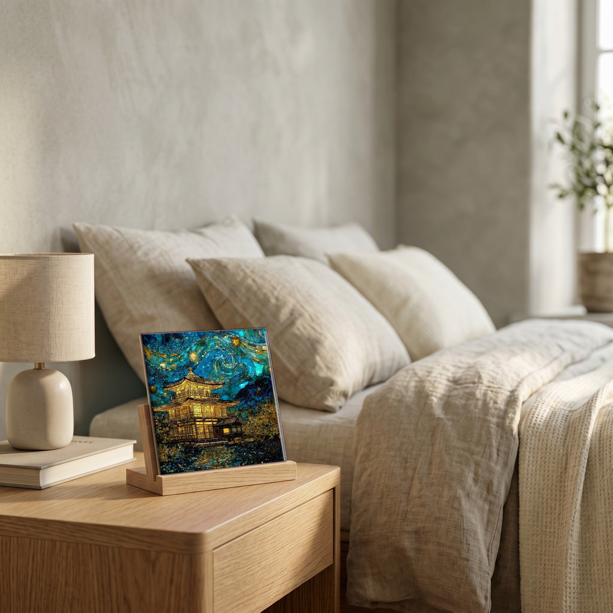 On the nightstand, catching the morning.