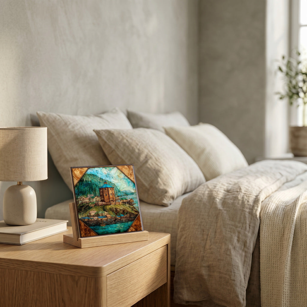 On the nightstand, catching the morning.