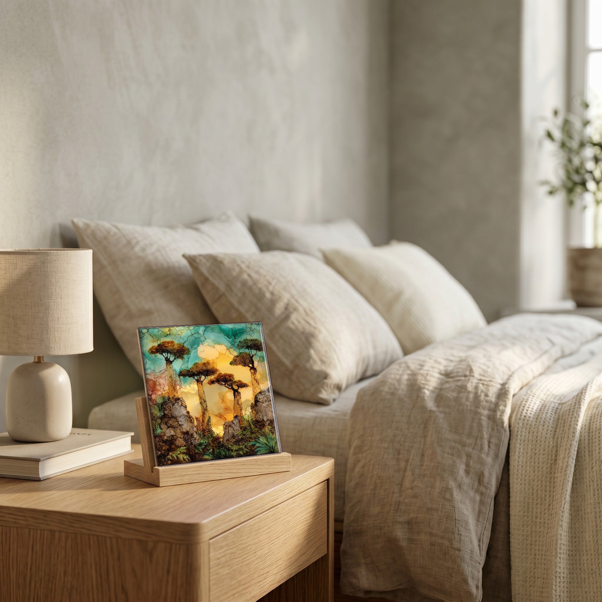 On the nightstand, on a light oak stand.
