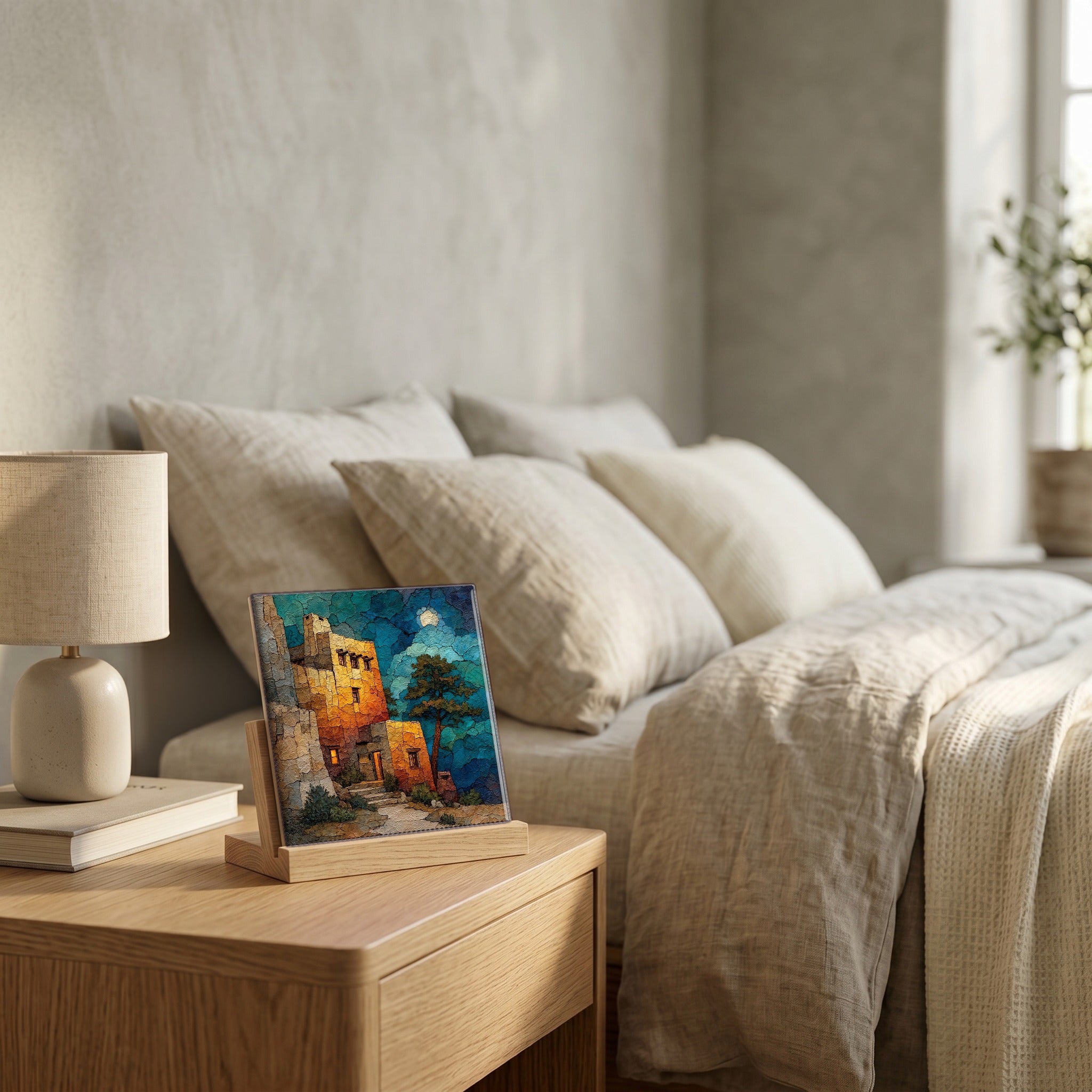 On the nightstand, catching the morning.