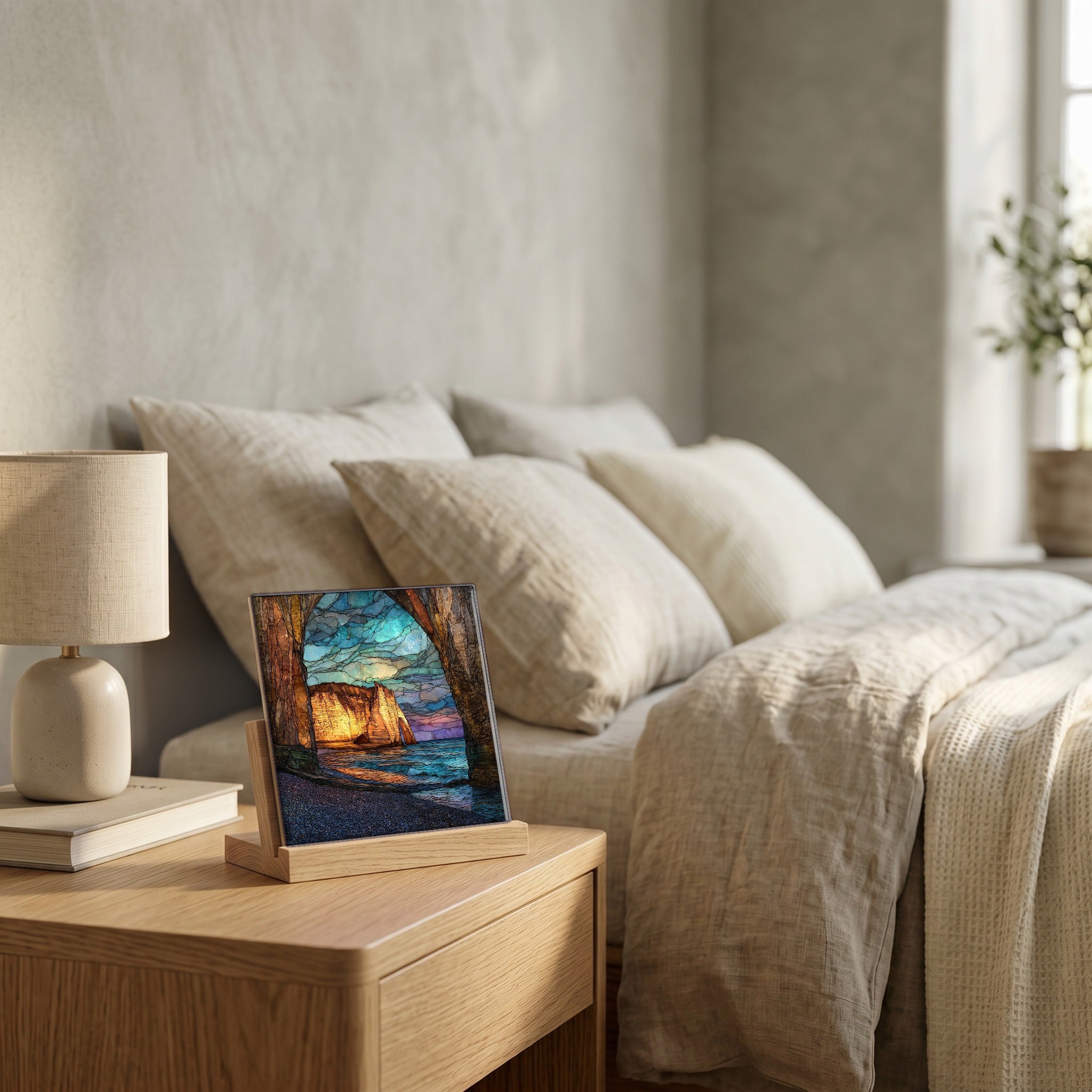 On the nightstand, on a light oak stand.