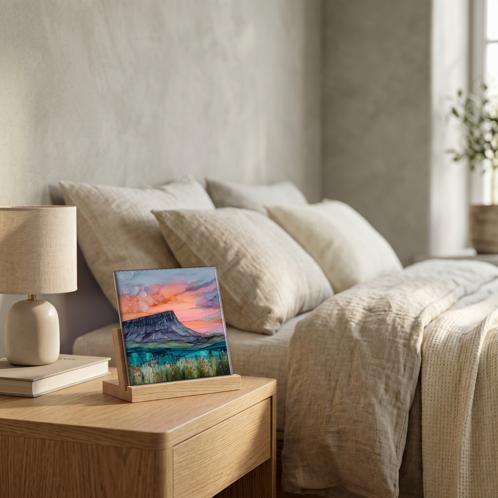 On the nightstand, on a light oak stand.