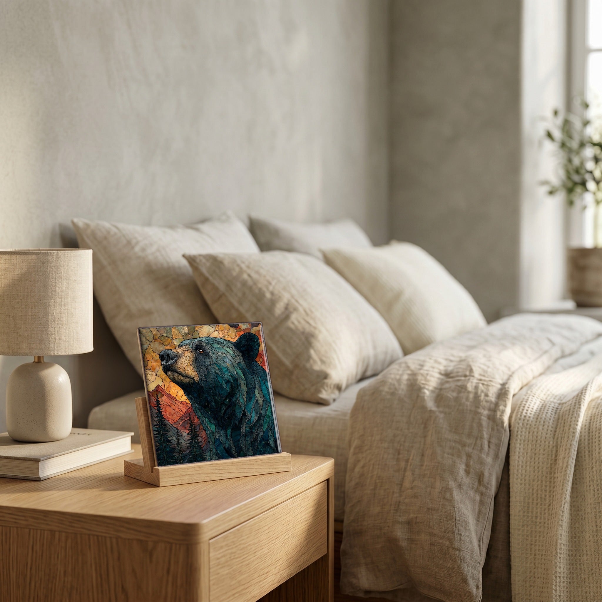 On the nightstand, catching the morning.