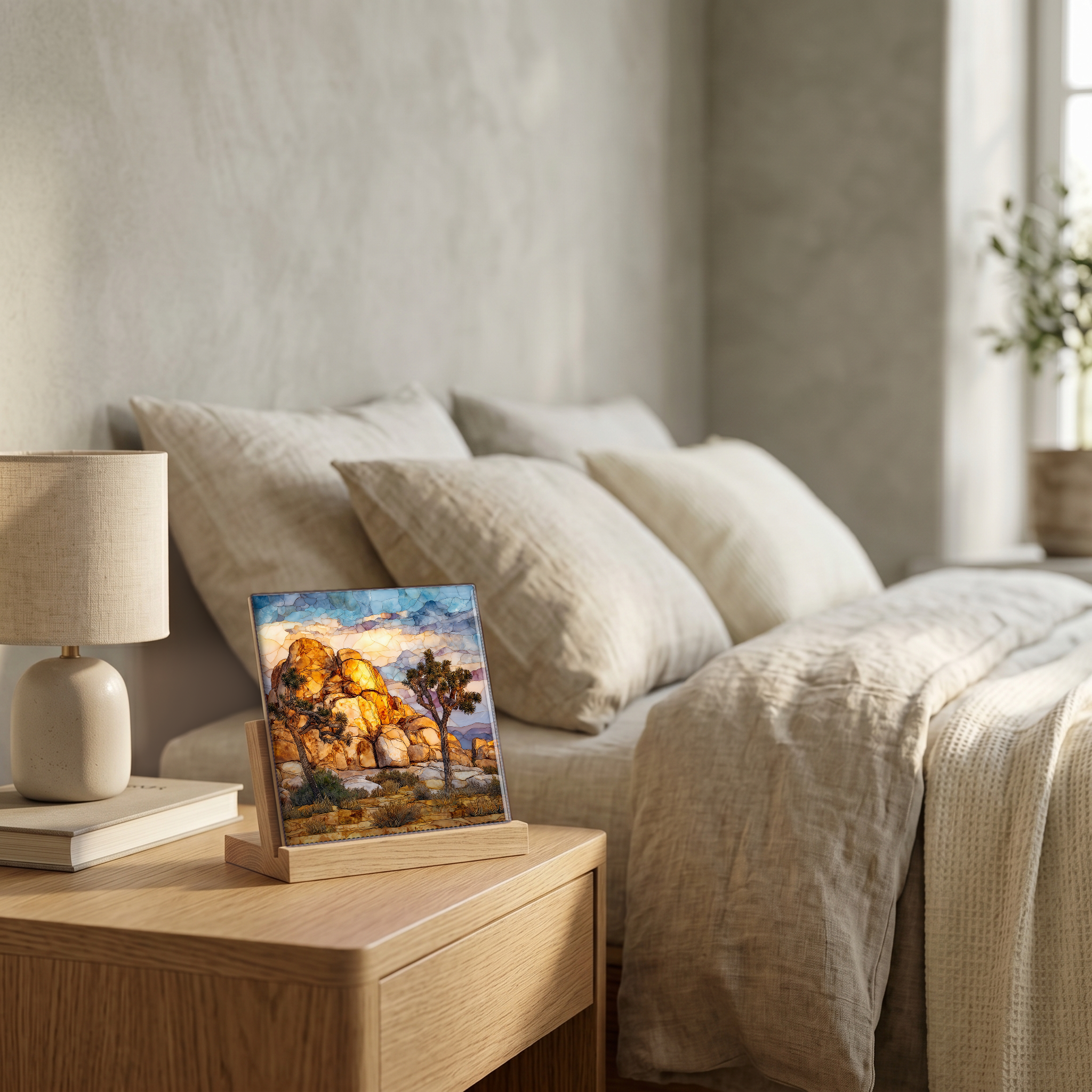 On the nightstand, on a light oak stand.