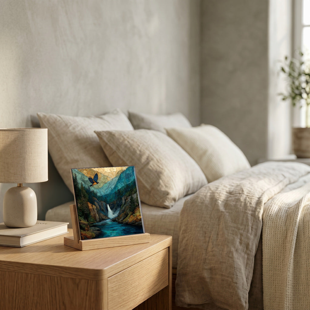 On the nightstand, catching the morning.