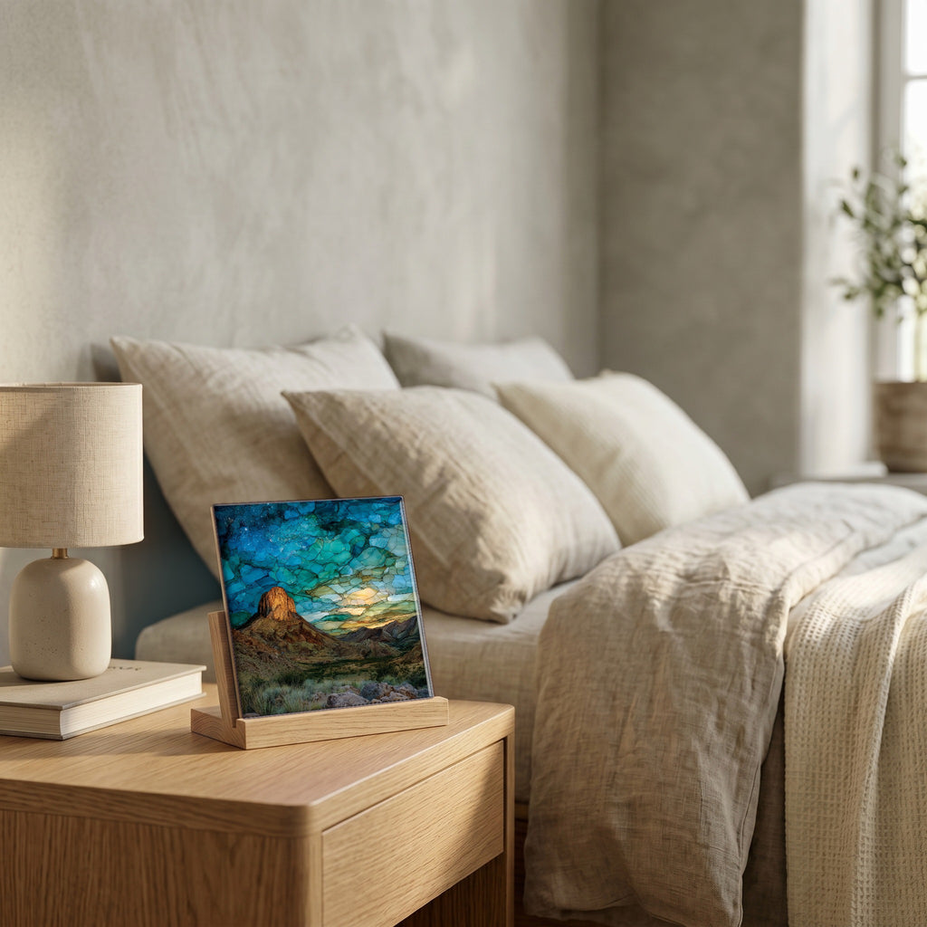 On the nightstand, catching the morning.