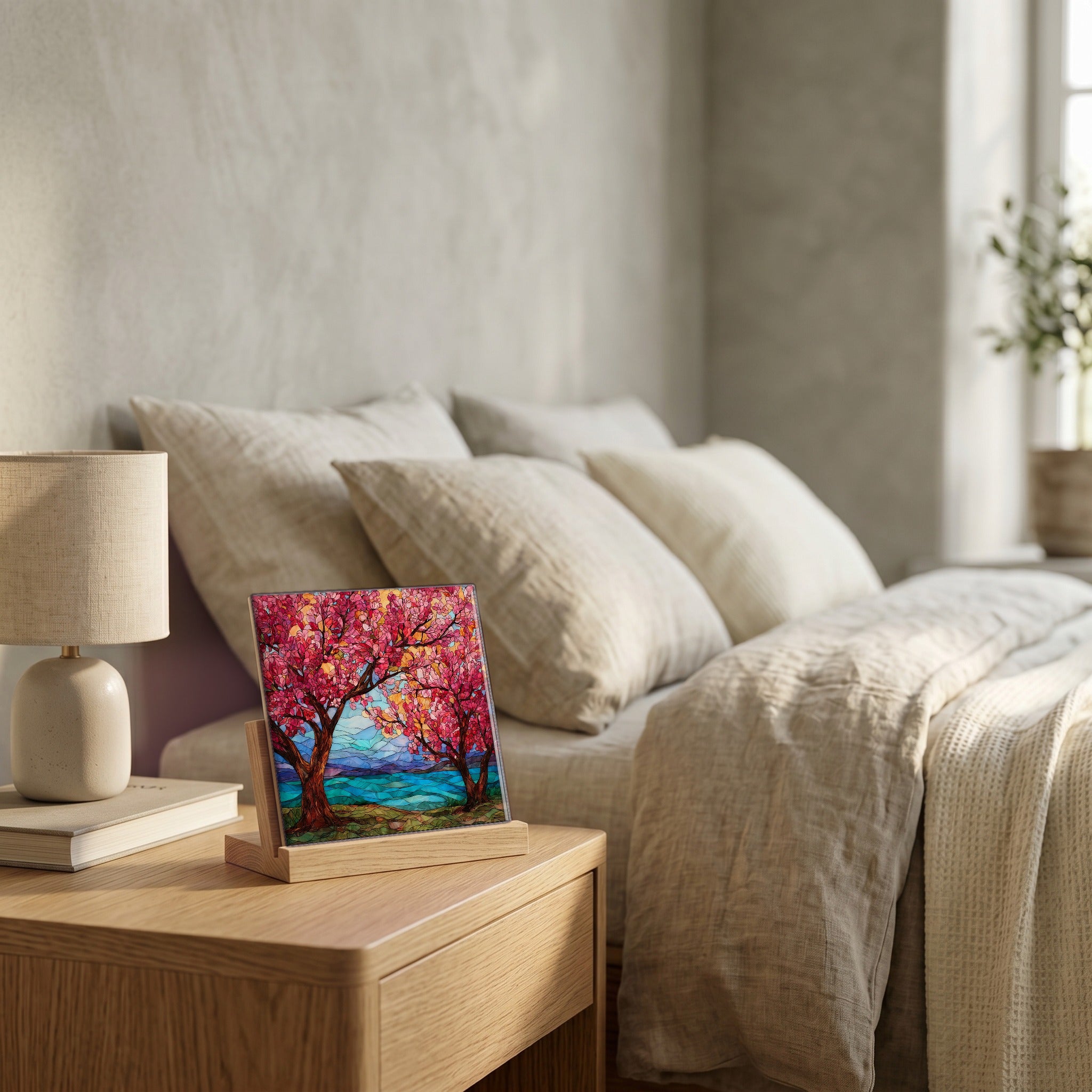 On the nightstand, catching the morning.