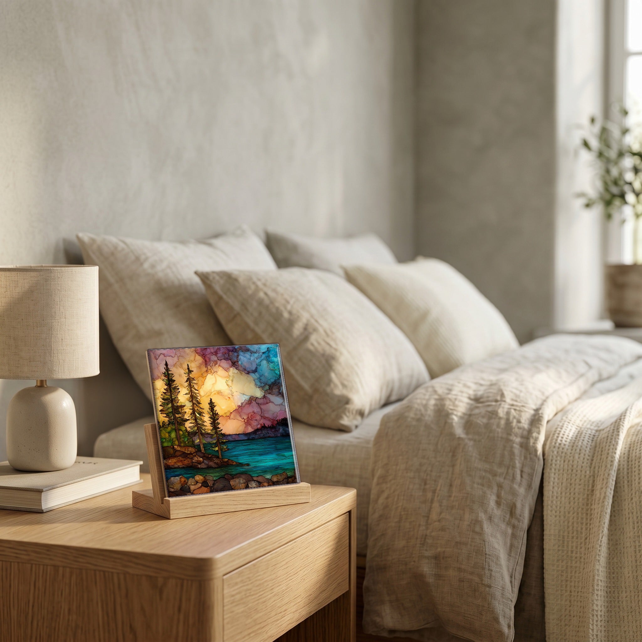 On the nightstand, catching the morning.