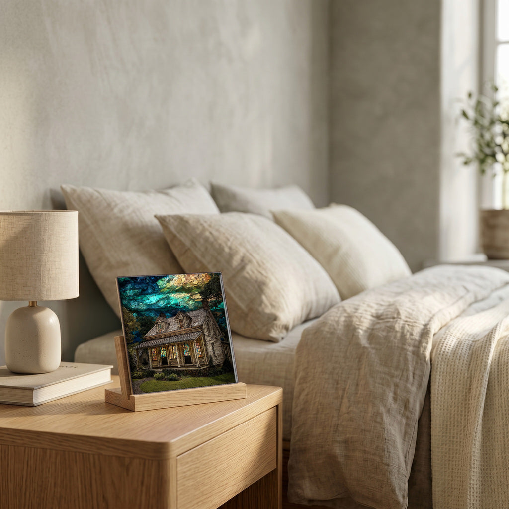 On the nightstand, catching the morning.